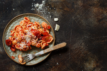 South italian  pasta orecchiette with tomato sauce and cacioricotta cheese
