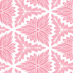 Fototapeta na wymiar Vector ornamental pattern. Seamless background for fabric or wallpaper. Pink repeating pattern in block print style with floral ornaments. Linen design.