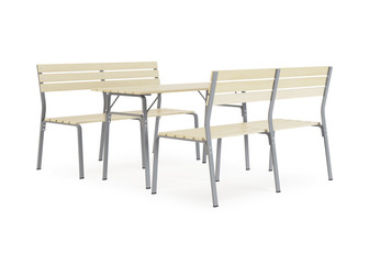Garden, outdoor furniture isolated on white background. Wooden dining area. Clipping path included. 3D rendering.