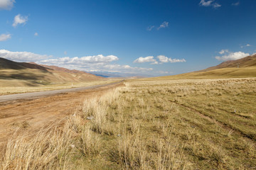 Fototapeta premium A 367 highway passing in the Naryn region in Kyrgyzstan, highway in a mountain valley.