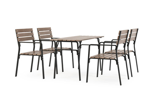 Garden, outdoor furniture isolated on white background. Wooden dining area. Clipping path included. 3D rendering.