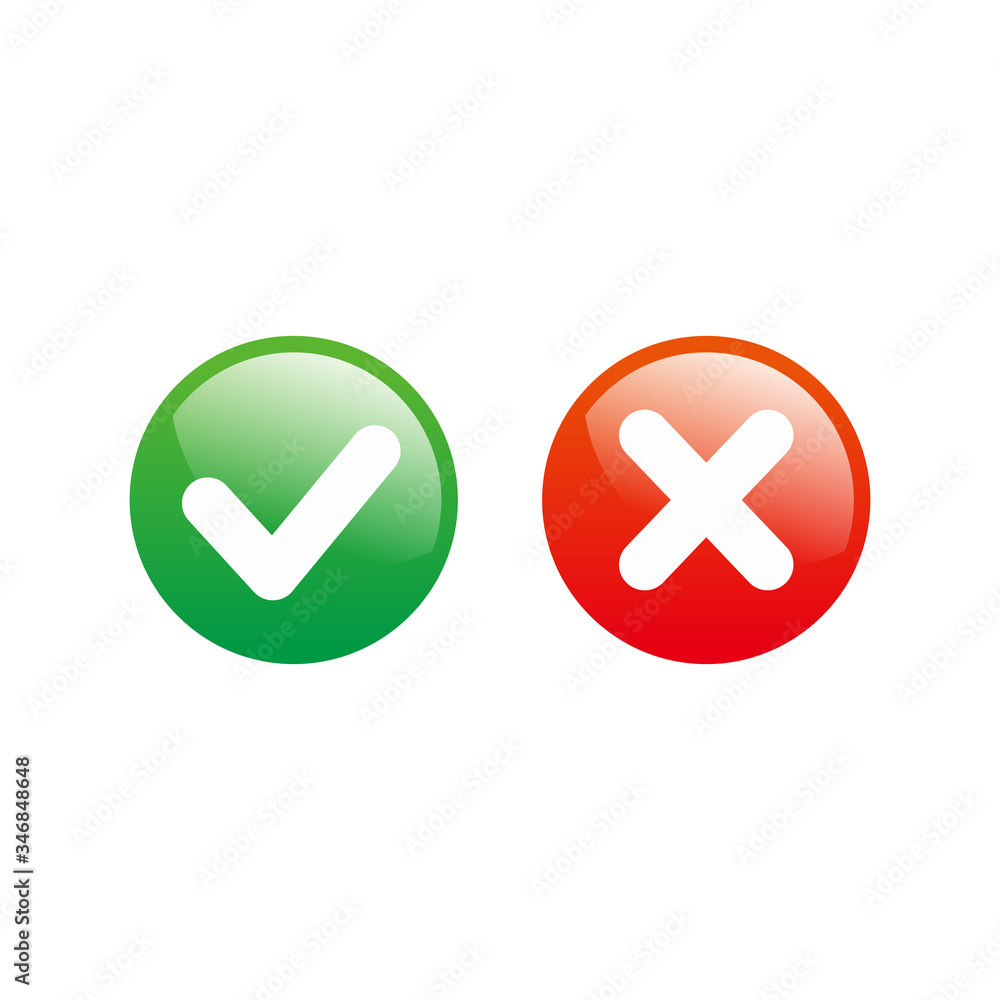 Poster simple shiny checkbox glossy icon illustration design, red and green glossy check mark template vect
