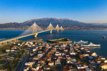 Aerial drone photo of world famous cable suspension bridge of Rio - Antirio Harilaos Trikoupis,...