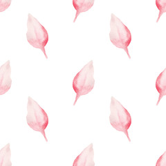 Watercolor leaf isolated on white seamless print in pastel pink colors. Hand drawn floral raster illustration.