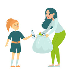 Child helps mother to collect the garbage