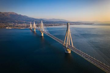 Suspension bridge crossing Corinth Gulf strait, Greece. Is the world's second longest cable-stayed bridge