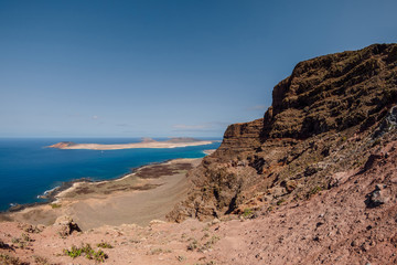 Fototapeta na wymiar Viewpoint to La Graciosa from Lanzarote. Panorama of scenic view of La Graciosa Island and Atlantic ocean