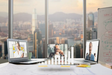 Group of business team using laptop for video conference meeting and discussion about financial...