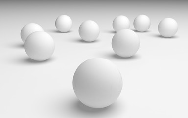 White abstract background. Set of white balls isolated on white backdrop. 3D illustration