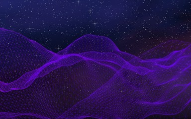 Abstract ultraviolet landscape on a dark background. Purple cyberspace grid. hi tech network. Outer space. Violet starry outer space texture. 3D illustration