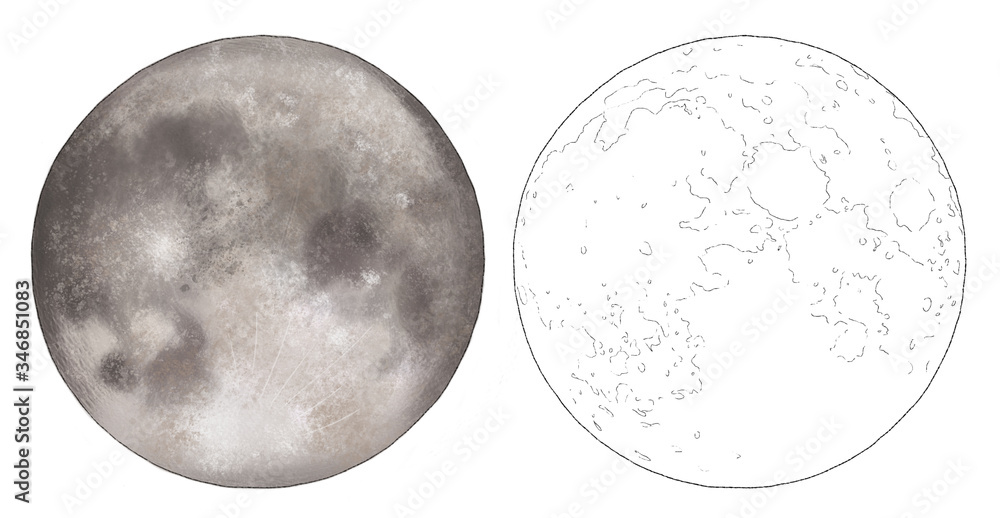 Wall mural full moon hand-drawn pencil sketch and watercolor technique