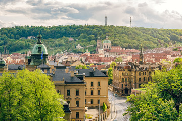 Prague Buildings in the Lesser Town, Petrin Lookout Tower with Lots of Greenery in the Background