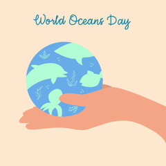 World Ocean Day. World Ocean Day June 8 is a holiday dedicated to the protection and conservation of water of the World Ocean. Vector illustration.
