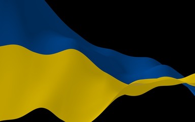 The flag of Ukraine on a dark background. National flag and state ensign. Blue and yellow bicolour. 3D illustration waving flag