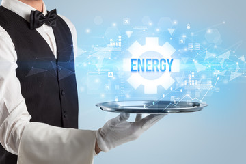 Waiter serving new technology concept with ENERGY inscription