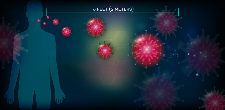 To protect yourself and others from virus, 2 meters (6 feet) is safe physical distance away from other people, abstract dark background, add your text if necessary