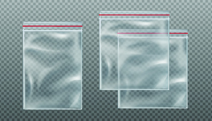  vector zip transparent bags. Empty mockup pouches in different sizes on transparent background. © Real Vector