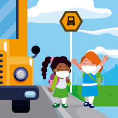 Girls kids cartoons with masks school bags and bus vector design