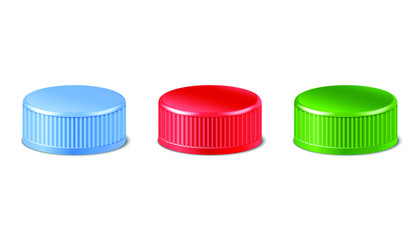 collection of red, green, blue plastic bottle caps in side view.  Mockup with pet screw lids for water, beer, cider of soda. Isolated icon illustration. 