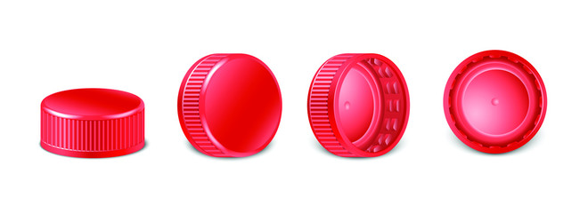 collection of red plastic bottle caps in side, top and bottom view.  Mockup with pet screw lids for water, beer, cider of soda. Isolated icon illustration. 