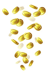 3d realistic vector falling golden coins. Isolated  icon illustration on white background.