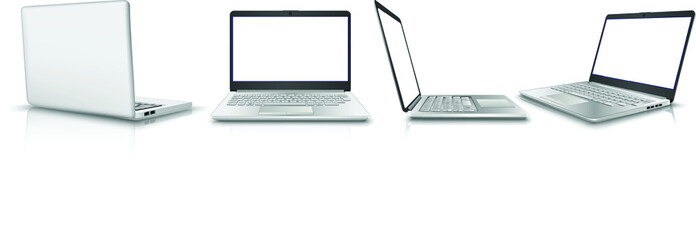 big 3d realistic vector collection of laptop in side, front, back and 3/4 view. Isolated on white background. Perfect for your advertisement.