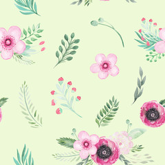 Seamless pattern Watercolor flower illustration on yellow background Floral arrangement for pattern, fabric, Wallpaper, digital paper, print, texture, DIY, office