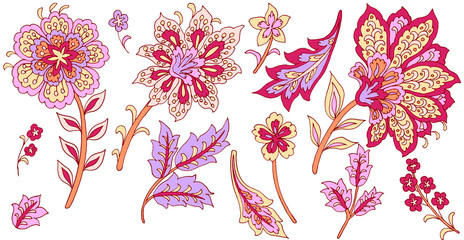 Hand-drawn flowers and leaves, Paisley Style, white background