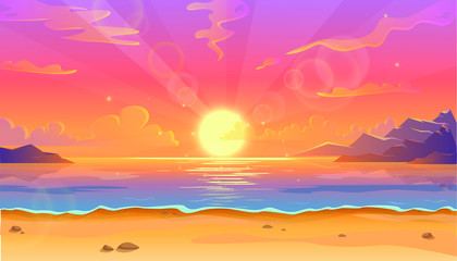 Vector cartoon illustration of ocean landscape in sunset or sunrise with beautiful pink sky and sun reflection over the water.  Beautiful nature with beach. © Real Vector