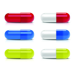 vector collection of different colorful capsules. Icon isolated illustration on white background.