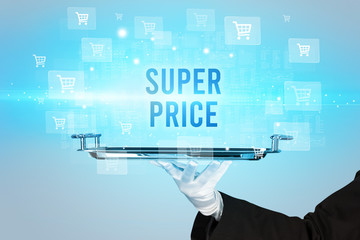Waiter serving SUPER PRICE inscription, online shopping concept