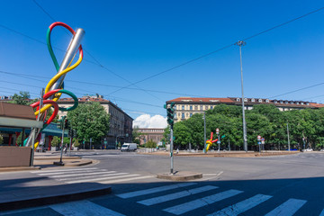 Milan, Italy - APRIL 29, 2020: Cadorna square during the coronavirus pandemic lockdown