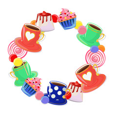 Obraz premium Cute frame made of tea cups and sweets including panna cotta, lollipops, dragees and cupcakes.
