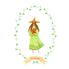 Cartoon vector isolated illustration of Summer fairy with lettering  in frame of branches with green leaves. Tender girl holds a bouquet of red poppies.