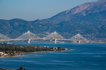 Suspension bridge crossing Corinth Gulf strait, Greece. Is the world's second longest cable-stayed...