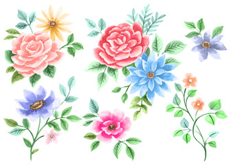 Fototapeta na wymiar Watercolor drawing, Flowers and Leaves