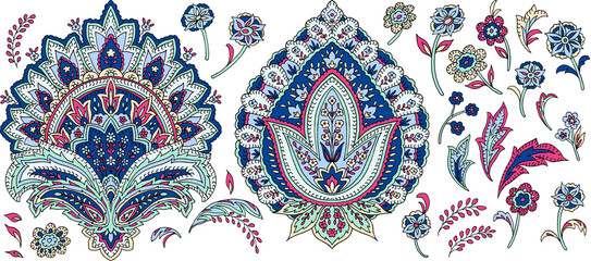 Hand-drawn flowers and leaves, Paisley Style, white background