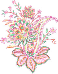 Hand-drawn Paisley Style, flowers and leaves, Watercolor, on White background