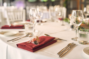 table set on a catering, banquet or wedding with bokeh light balls and chocolate