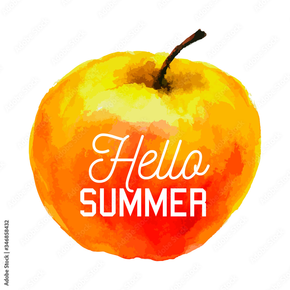 Poster Hello summer slogan watercolor apple food organic hand draw fresh