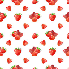 Summer seamless pattern with fresh strawberries on white background.
