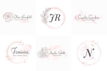 Feminine logos collection, hand drawn modern minimalistic and floral and watercolor badge templates for branding,  identity, boutique, salon vector