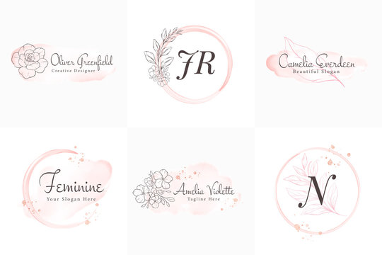 Feminine logos collection, hand drawn modern minimalistic and floral and watercolor badge templates for branding,  identity, boutique, salon vector