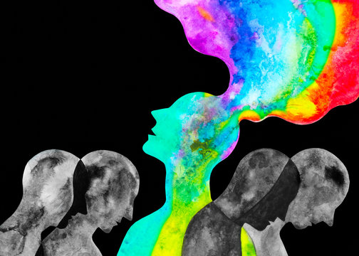 Dipinto acquerello sfondo nero persona pecora nera. Diverso da tutti. Illuminazione spirituale. Forza della mente. Ispirazione creativa. 