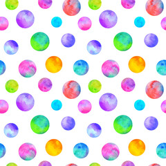 Polka dot multi-colored watercolor seamless pattern. Abstract watercolour background with colorful circles on white