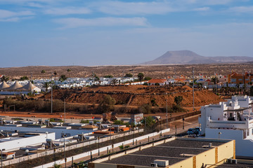 Town of Corralejo, Fuerteventura, Canary Islands, Spain, Europe. Top view from shopping center. October 2019