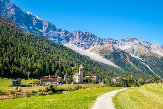 Looking at Sulden (Italian: Solda), a mountain village in South Tyrol on a sunny September day. Sulden (1,900 m) lies at the foot of the Ortler, in the Vinschgau valley east of the Stelvio Pass.