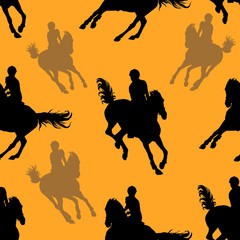silhouettes of sports horses and riders isolated on a orange seamless background, pattern for decoration, Equestrian sports, show jumping 
