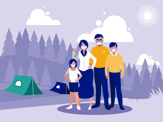 Family with masks in front of landscape with camping tents vector design