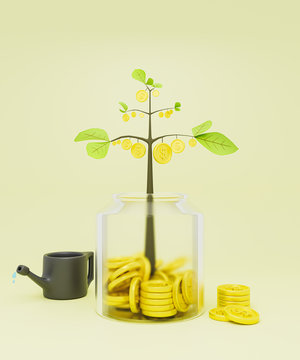 Money coins tree on jar glass.Business growth concept.3d render.